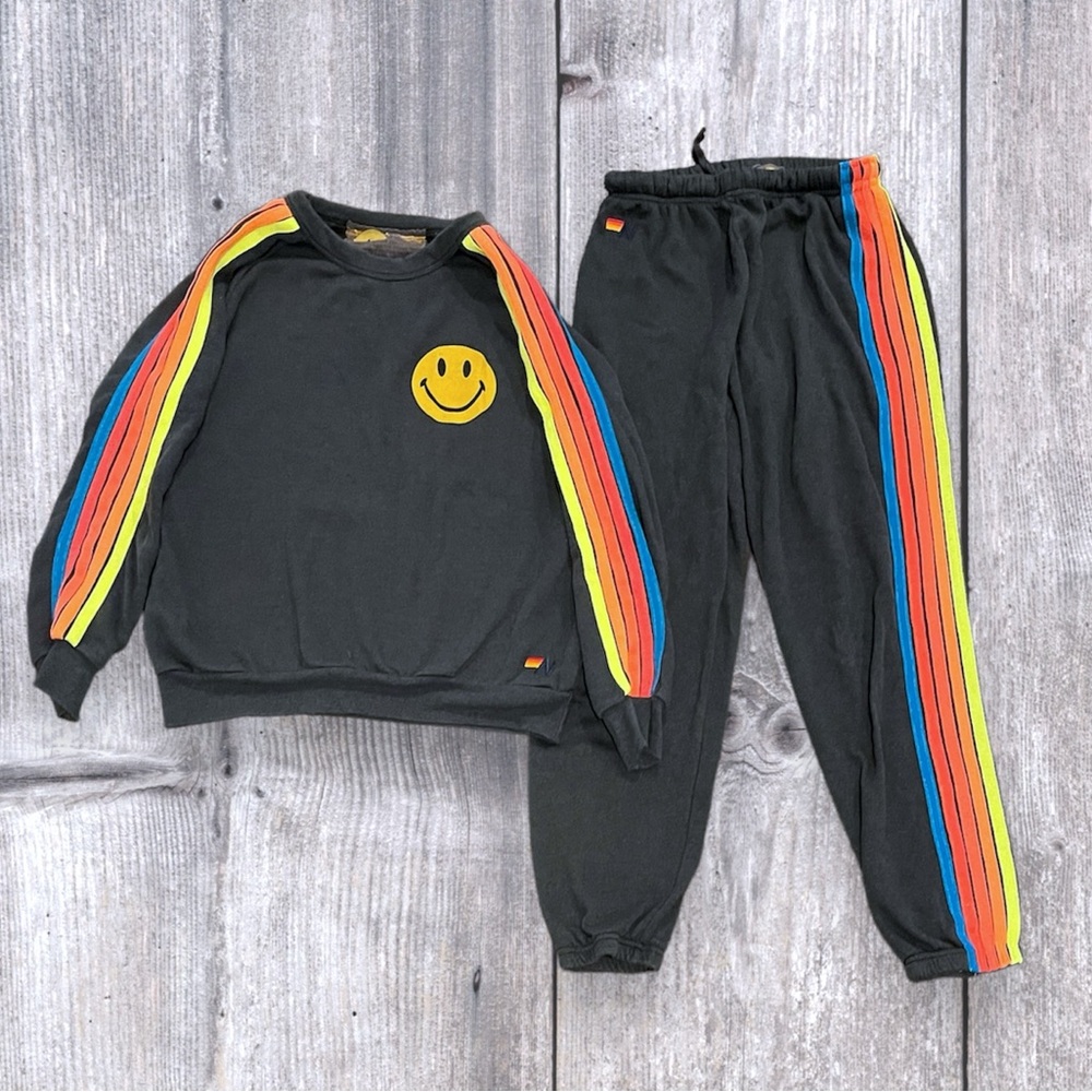 Aviator Nation Charcoal Gray Sweatshirt Sweatpants w/ Smiley & Neon Stripes Sz L
